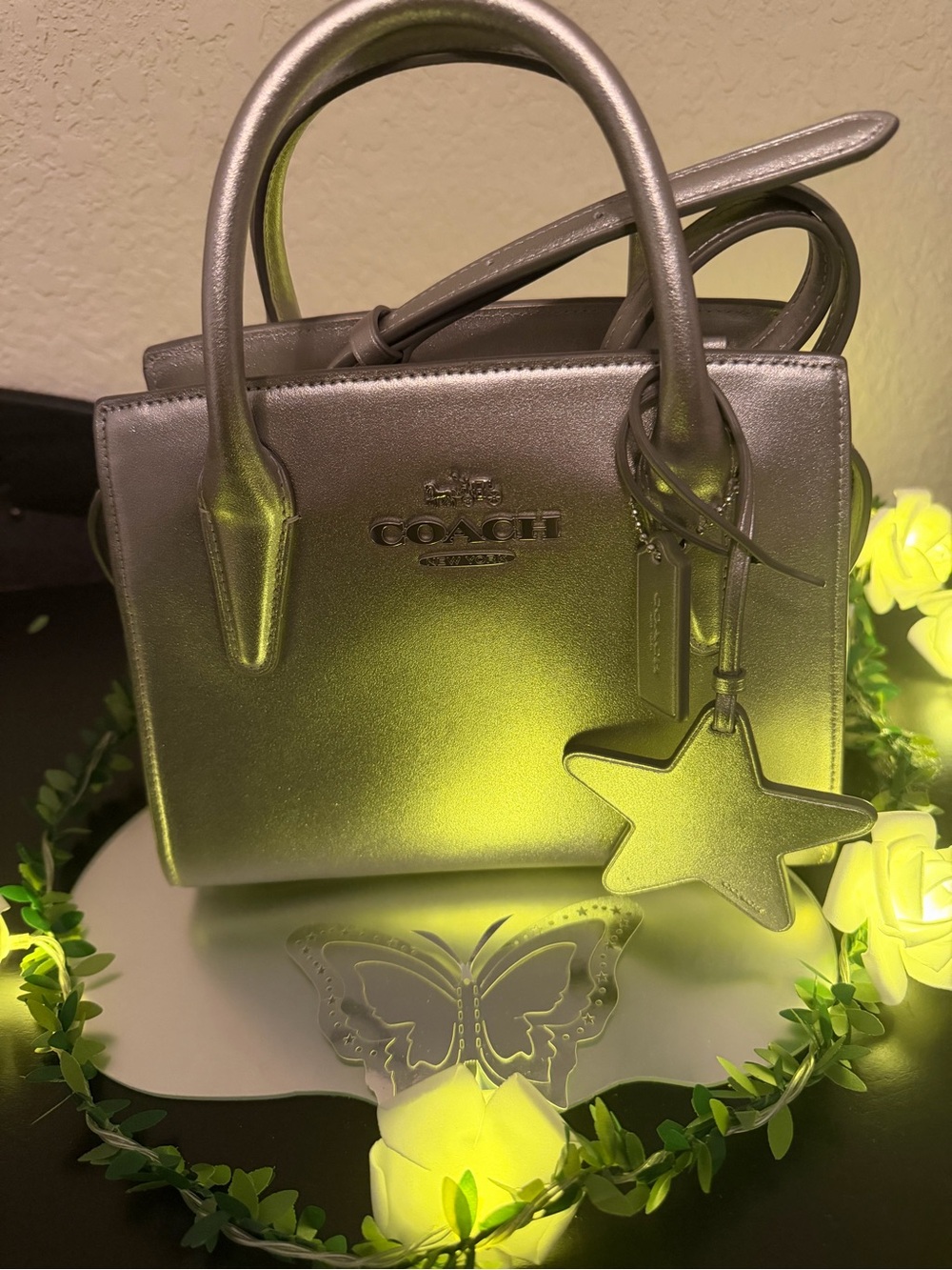COACH Andrea Metallic Silver Mini Satchel with Star Charm NWT